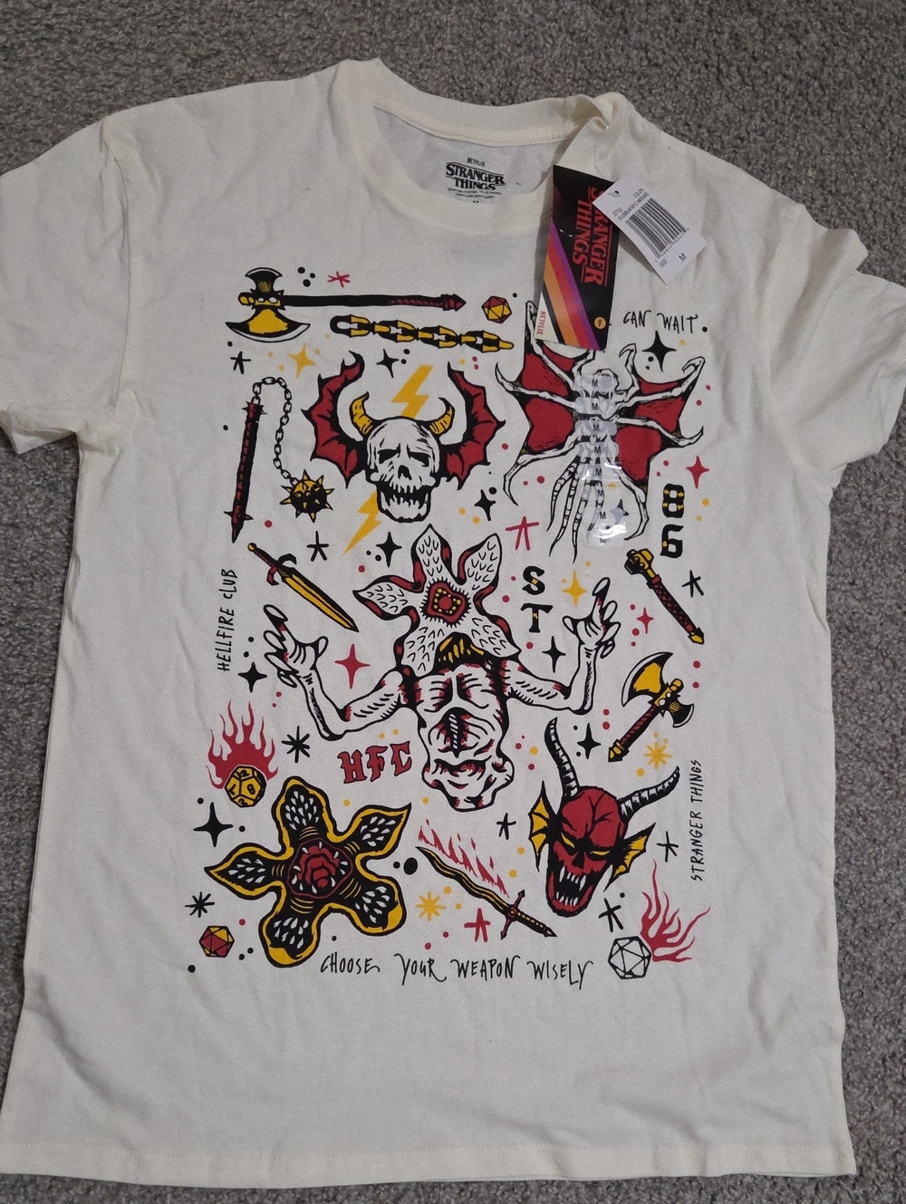 Stranger Things Hellfire Club Graphic Tee - Cream with DnD Art NWT Medium